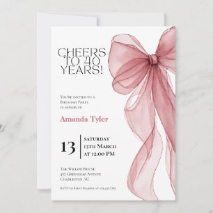 Dusty Pink Watercolor Bow 40th Birthday Invitation