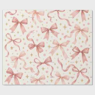 Dusty Pink Watercolor Bow First Birthday Name Wrapping Paper