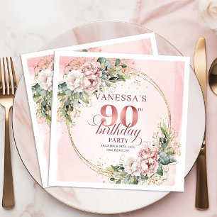 Dusty Pink Watercolor Floral 90th Birthday Party   Napkin