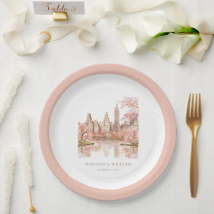 Dusty Pink Watercolor New York Wedding Paper Plate