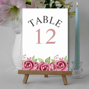 Dusty pink watercolor rose flowers floral wedding table number