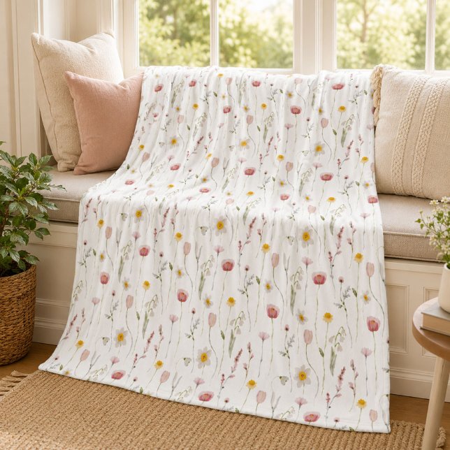 Dusty Pink Watercolor Wildflower Fleece Blanket (Creator Uploaded)