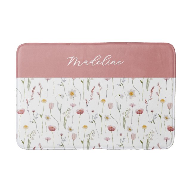 Dusty Pink Watercolor Wildflower Monogram Name Bath Mat (Front)