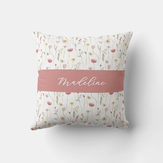 Dusty Pink Watercolor Wildflower Monogram Name Cushion (Back)