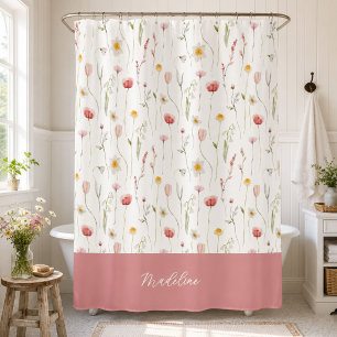 Dusty Pink Watercolor Wildflower Monogram Name Shower Curtain