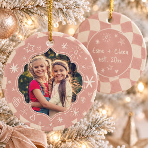 Dusty Pink Wavy Chequerboard Best Friends Photo Ceramic Tree Decoration