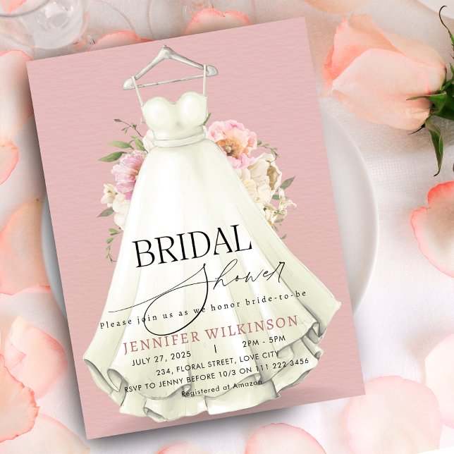 Dusty Pink Wedding Gown Dress Bridal Shower Invitation (Dusty Pink Wedding Gown Dress Bridal Shower Invitation)