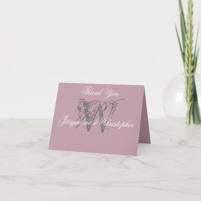 Dusty Pink Wedding Grey Monogram Blank Folded Thank You Card (Front)