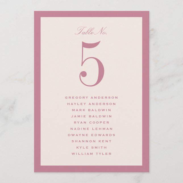 Dusty Pink Wedding Table Seating Chart Card (Front)
