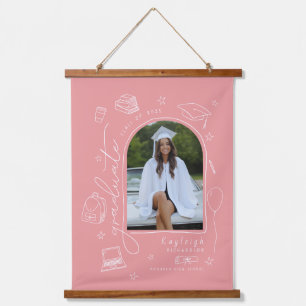 Dusty Pink Whimsical Hand Drawn Photo Graduation Hanging Tapestry