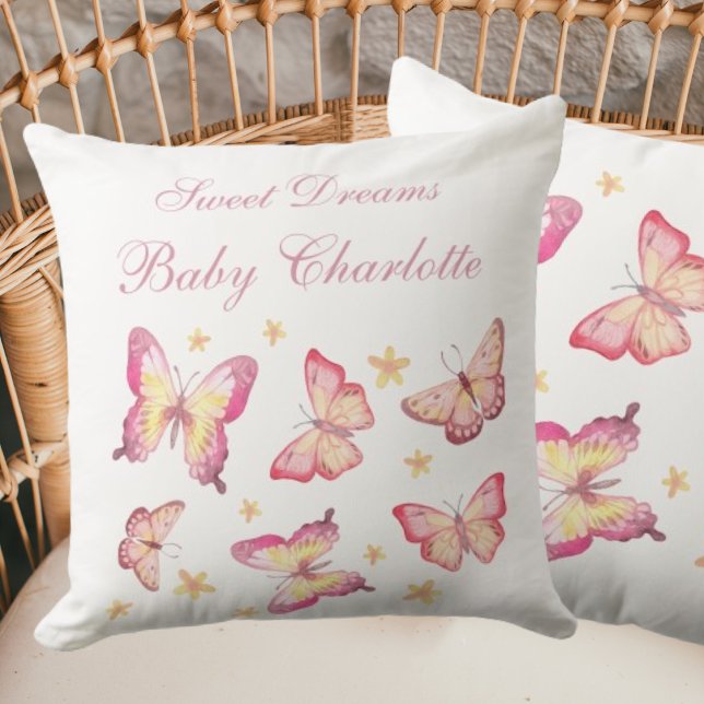Dusty Pink White Baby Girl Name Butterfly Nursery Cushion (Creator Uploaded)