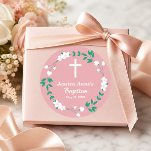 Dusty Pink White Cross Floral Crest Baptism  Classic Round Sticker