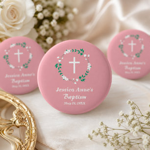 Dusty Pink White Cross Floral Crest Baptism Favour 6 Cm Round Badge