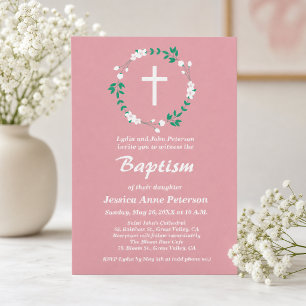 Dusty Pink White Cross Floral Crest Baptism Invitation