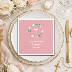 Dusty Pink White Cross Floral Crest Baptism  Napkin