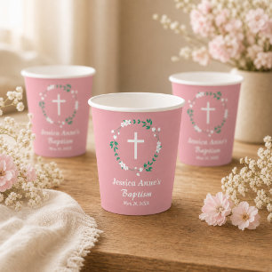 Dusty Pink White Cross Floral Crest Baptism  Paper Cups