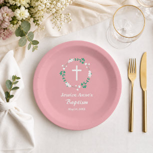 Dusty Pink White Cross Floral Crest Baptism  Paper Plate