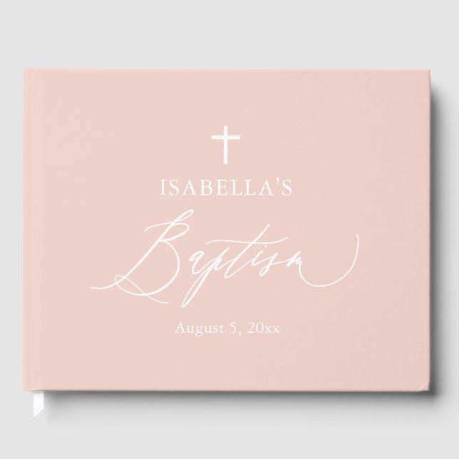 Dusty Pink White Cross Girl Baptism Guest Book (Front)