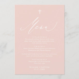 Dusty Pink White Cross Girl Baptism Menu Card