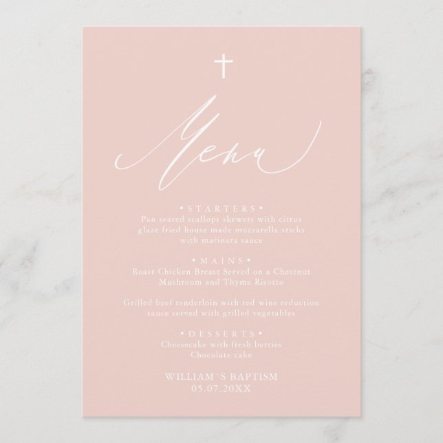 Dusty Pink White Cross Girl Baptism Menu Card (Front)