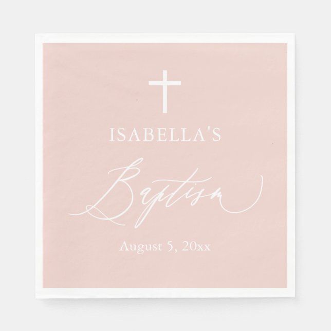 Dusty Pink White Cross Girl Baptism Paper Napkins (Front)