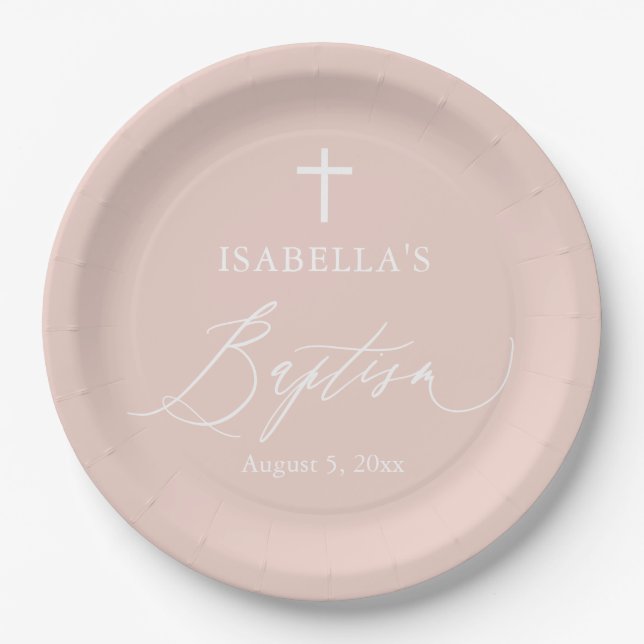 Dusty Pink White Cross Girl Baptism Party Plates (Front)