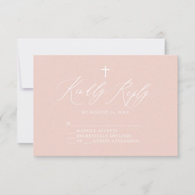 Dusty Pink White Cross Girl Baptism RSVP Card (Front)
