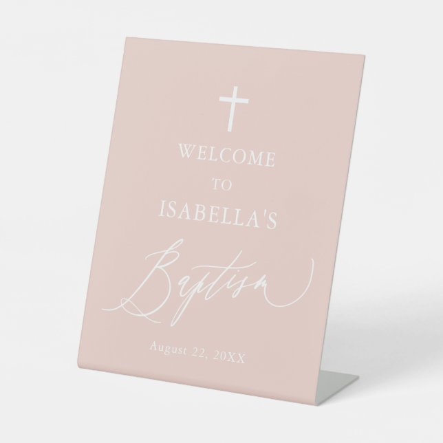 Dusty Pink White Cross Girl Baptism Welcome Sign (Front)