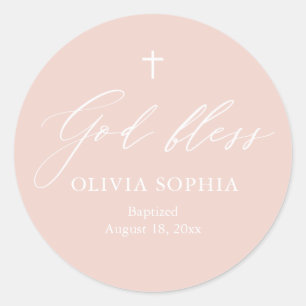 Dusty Pink White Cross Girl Religious Baptism Classic Round Sticker