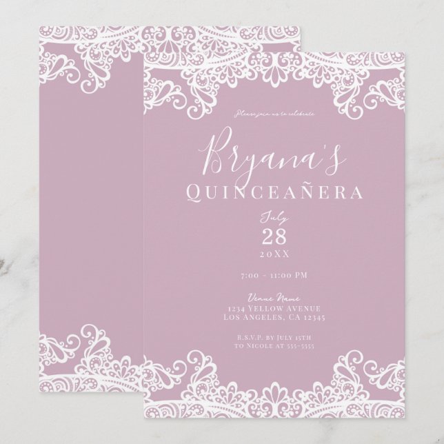 Dusty Pink White Lace Elegant Quinceañera Party    Invitation (Front/Back)
