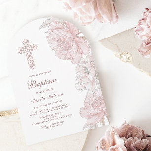 Dusty Pink White Peonies Arch Baptism Invitation
