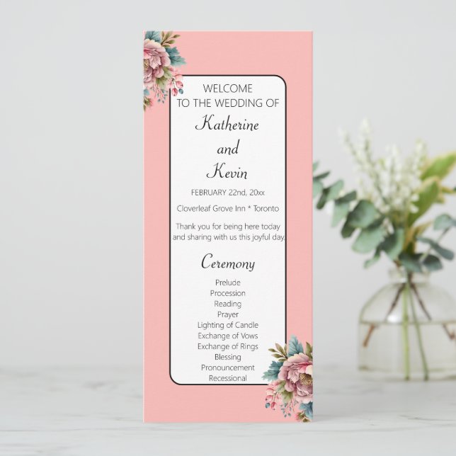 Dusty Pink White Teal Floral Wedding Celebration Programme (Standing Front)