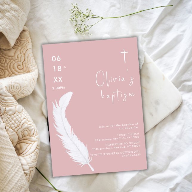 Dusty Pink White Watercolor Feather Cross Baptism  Invitation (Dusty Pink White Watercolor Feather Cross Baptism Invitation)