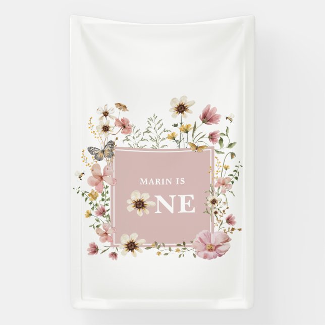 Dusty Pink Wildflower Butterfly 1st Birthday Banner (Vertical)