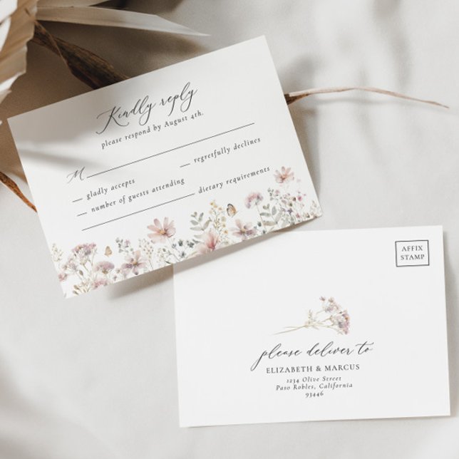 Dusty Pink Wildflower Floral Wedding RSVP Card (RSVP Card Front/Back)