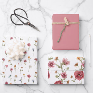 Dusty Pink Wildflower Floral  Wrapping Paper Sheet