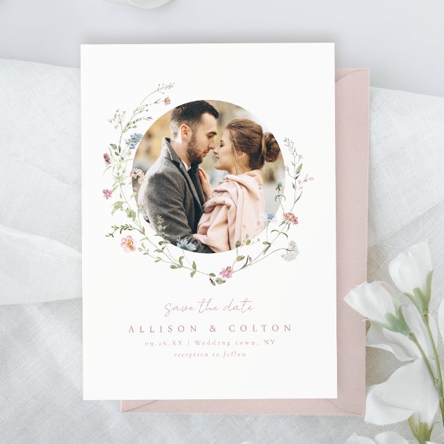 Dusty Pink Wildflower Rustic Boho Couple's photo Save The Date (Dusty Pink Wildflower Rustic Boho Couple's photo Save The Date)
