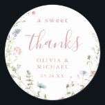 Dusty Pink Wildflower Rustic Boho thank you favour Classic Round Sticker<br><div class="desc">Elegant delicate watercolor wildflower wreath design with modern script. Pastel palettes of soft blush pink,  off white,  beige,  dusty blue,  and botanical greenery,  simple and romantic. Great for modern something blue rustic bridal shower party,   boho country garden wedding in spring and summer. 
See all the matching pieces in collection.</div>