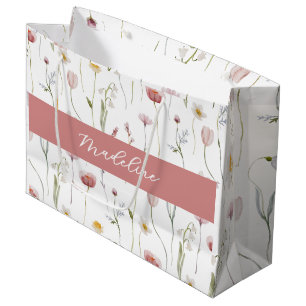 Dusty Pink Wildflower Watercolor Monogram Name Large Gift Bag