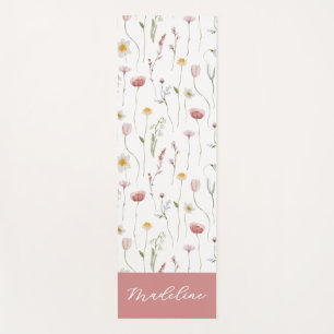Dusty Pink Wildflower Watercolor Monogram Name Yoga Mat