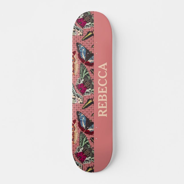 Dusty Pink with Vintage Butterfly Illustrations Skateboard (Front)