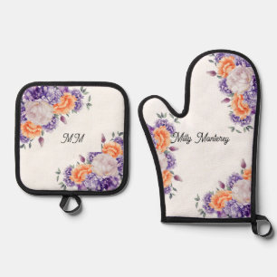 Dusty Plum and Light Orange Peonies Oven Mitt & Pot Holder Set
