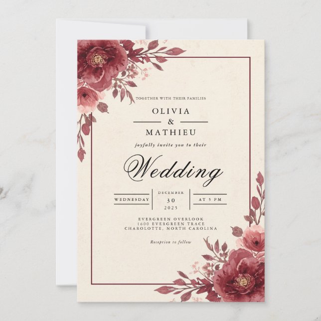 Dusty Plum Floral Arch Wedding Invitation (Front)