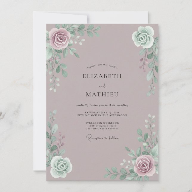 Dusty Plum Foliage Muted Eucalyptus Wedding Invitation (Front)