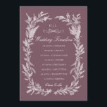 Dusty Plum Line Art Botanical Wedding Timeline Programme<br><div class="desc">Elevate your guest experience with this sophisticated dark plum wildflower wreath wedding timeline card, featuring a crisp white hand-drawn botanical frame of wild blooms and foliage, paired with a classic bow accent and custom monogram against a rich burgundy backdrop. This wedding itinerary card is the perfect way to keep your...</div>