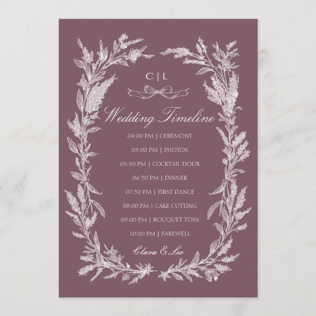 Dusty Plum Line Art Botanical Wedding Timeline Programme (Front)