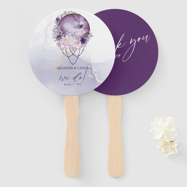 Dusty Plum Purple Full Moon Watercolor Celestial Hand Fan (Front and Back)