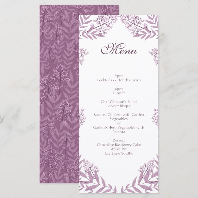 Dusty Plum Purple Wedding  Botanical Menu (Front/Back)
