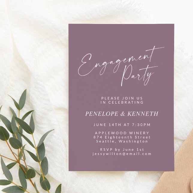 Dusty Plum Purple White Script Engagement Party Invitation (Creator Uploaded)