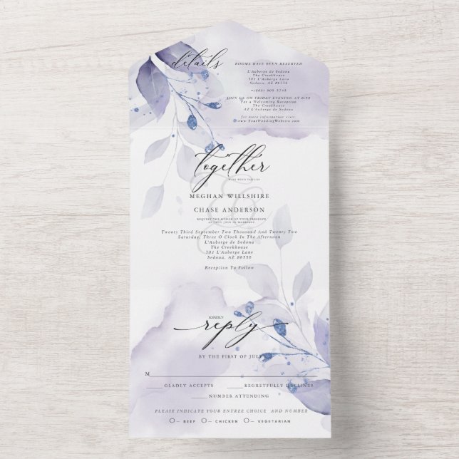  Dusty Plum Violet Foliage All In One Invitation (Inside)